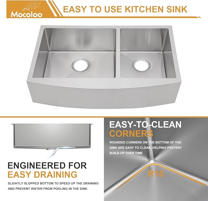 Mocoloo Stainless Farmhouse Kitchen Sink - 33x20 Inch Undermount Double Bowl Kitchen Sinks 16 Gauge Stainless Steel 60/40 Apron Farm Kitchen Sinks, 10 Inch Basin