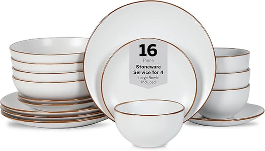 Stone Lain Brasa Modern Stoneware 16 Piece Dinnerware Sets, Plates and bowls Sets, Dish Set for 4, White