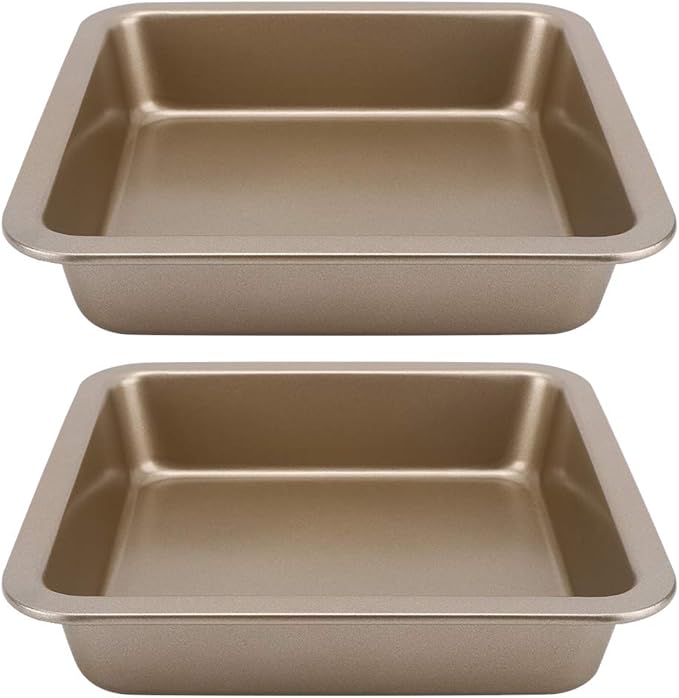 2Pcs Rectangle Cake Pan 8.9x8.9x1.8in (22.5x22.5x4.6cm) - Nonstick Baking Pans for Cakes, Brownies, Lasagna & Cookies, Even Heat Distribution, Dishwasher Safe(Gold)