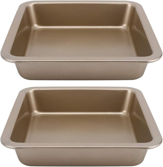 2Pcs Rectangle Cake Pan 8.9x8.9x1.8in (22.5x22.5x4.6cm) - Nonstick Baking Pans for Cakes, Brownies, Lasagna & Cookies, Even Heat Distribution, Dishwasher Safe(Gold)