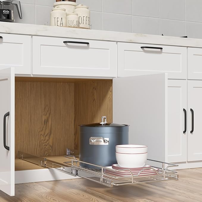 OCG Pull Out Cabinet Organizer (12" W x21 D), Pull out Shelves for Kitchen Cabinets, Slide Out Drawers for Base Cabinet Organization in Kitchen Bathroom Pantry, Bottom Mount, Chrome Finish