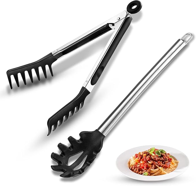 2 Pieces Spaghetti Spoon and Pasta Tong,Non-stick 13 Inch Silicone Spaghetti Fork and 9.8 Inch Stainless Steel Handle Spaghetti Tong Food Clip for Spaghetti Noodle (Black)