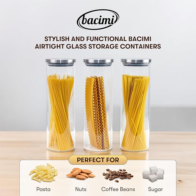 Bacimi® Airtight Borosilicate 3mm thick Glass Storage Containers for Spaghetti, Pasta, Noodles, Linguini, Lasagna, Flour, Cereal, Coffee, Multi Purpose Food Jar, Canisters for Kitchen, Pantry 67oz Ea