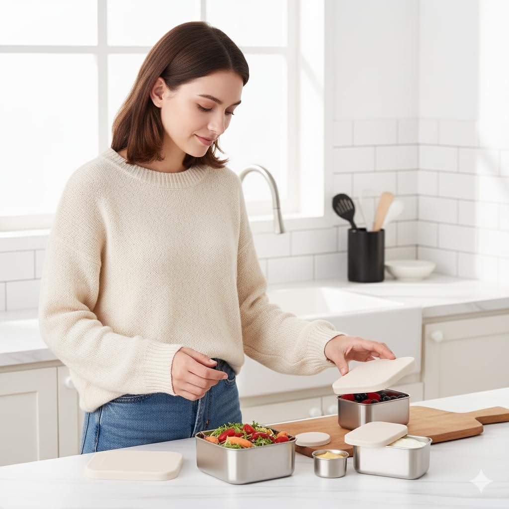 Flexibento - Leak proof Stainless Steel Lunch Box | Lunch Containers with Silicone Lids | Steel Bento Box |Metal lunch Box|1 * 25 OZ+ 2 * 13 OZ + 2 * 2 OZ| Set Of 5 |Vanilla