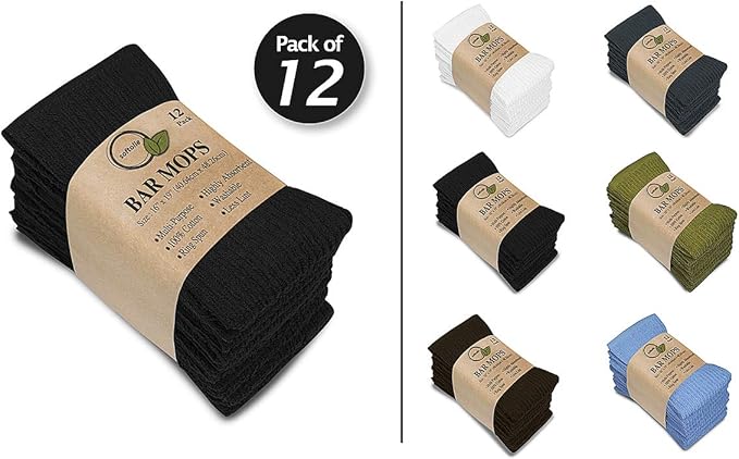 Softolle Bar Mop Towels, Pack of 12-16x19 Inches - 100% Cotton Super Absorbent Towels, Multi-Purpose for Home and Bar Cleaning (Black)