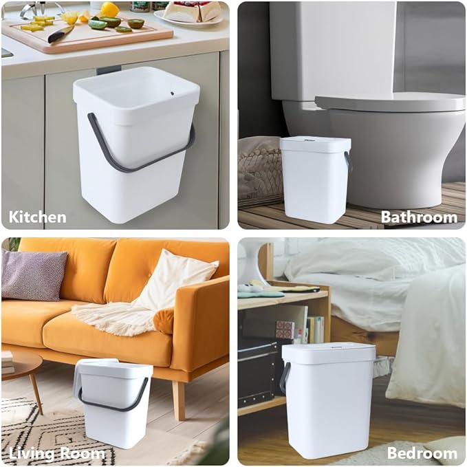 Hanging Small Trash Can with Lid Under Sink for Kitchen, 5 L/ 1.3 Gallons Plastic Waste Basket,Food Waste Bin,Kitchen Compost Bin for Counter Top,Bathroom/Office (White)