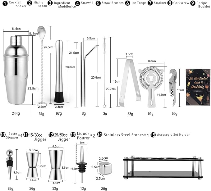 Cocktail Shaker Set, 25-Piece Stainless Steel Bartender Kit with Acrylic Stand & Cocktail Recipes Booklet, Professional Bar Tools for Drink Mixing, Home, Bar, Party (Include 4 Whiskey Stones)