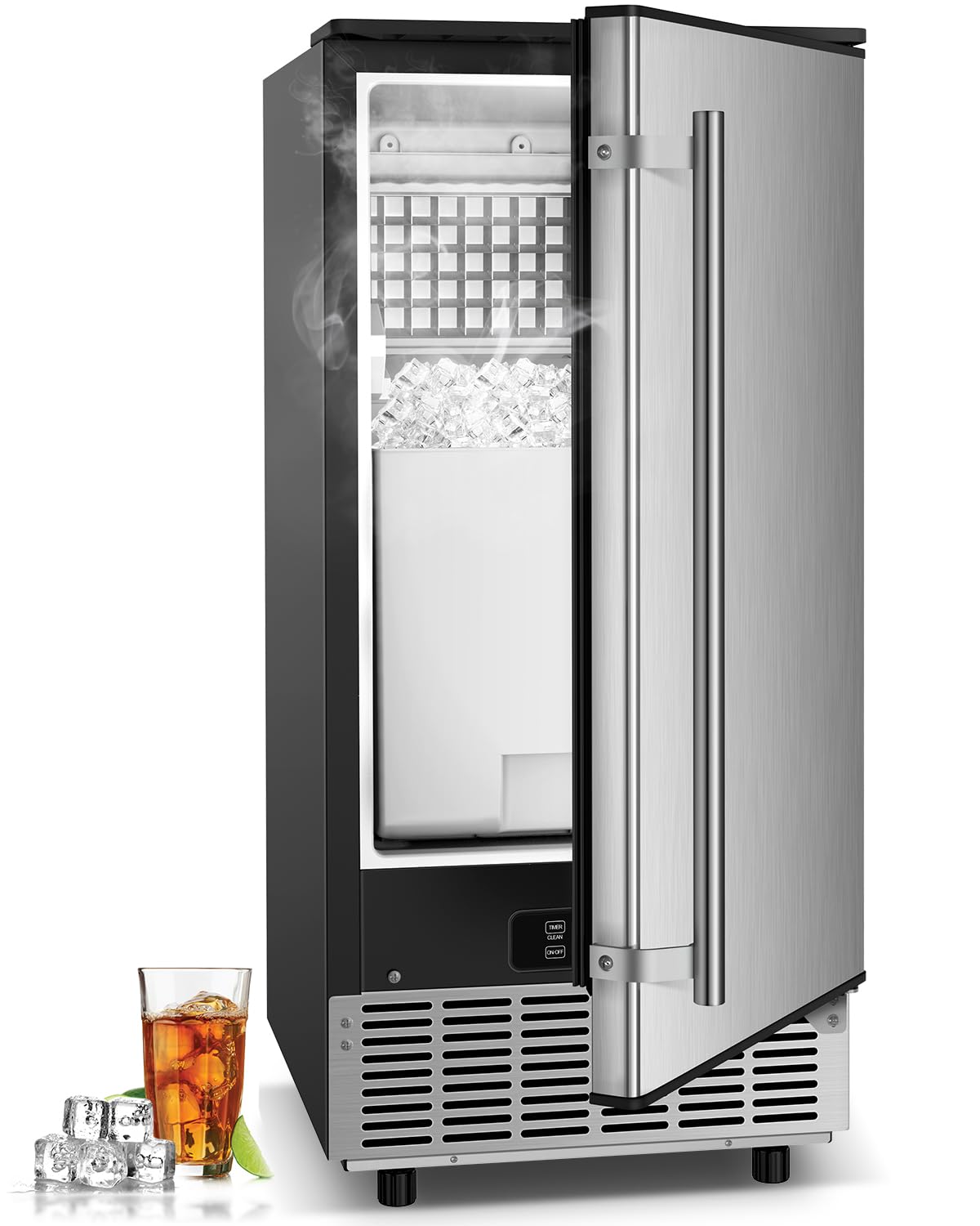Under Counter Ice Maker Machine Commercial - 120LBS/24H with 30lbs Ice Storage Bucket & Reversible Door, Built-in Freestanding Ice Machine, Automatic Cleaning/24 Hours Timer, For Home & Commercial Use