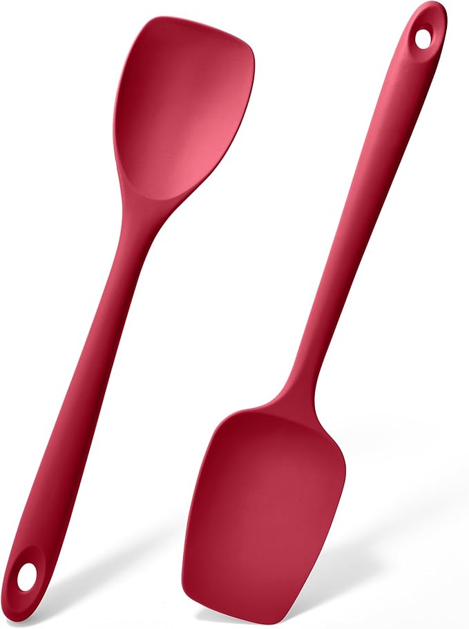 Doosu Silicone Spoon Spatula Set of 2, 600ºF Heat-Resistant Food Grade Rubber Spoonula with Seamless Design, Non-Stick Dishwasher Safe Kitchen Utensils for Cooking, Baking, Mixing, Scraping (Red)