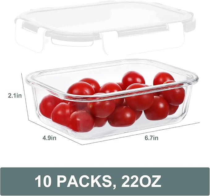 KOMUEE 10 Packs 22 oz Glass Meal Prep Containers, Glass Food Storage Containers with Lids, Airtight Lunch Boxes BPA Free, Microwave and Freezer Safe, White
