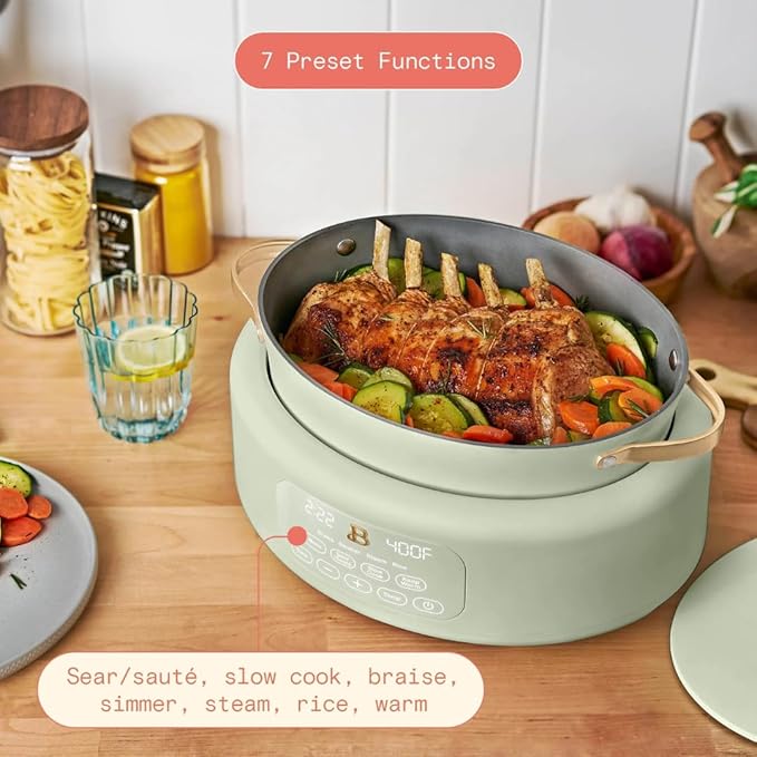 Beautiful 10-in-1 Electric Multi-Cooker by Drew Barrymore, 6-quart, digital display, 10 cooking functions, non-stick pot, easy one-touch control (Sage Green)