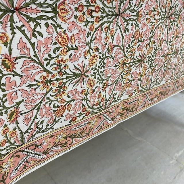 Ridhi Sassy Salmon Pink Hand Block Print Cotton Rectangle Tablecloth 118 x 70 inch-Reusable Table Cover Decorative Everyday Use for Dining Room, Farmhouse, Thanksgiving, Christmas Wedding, Fall