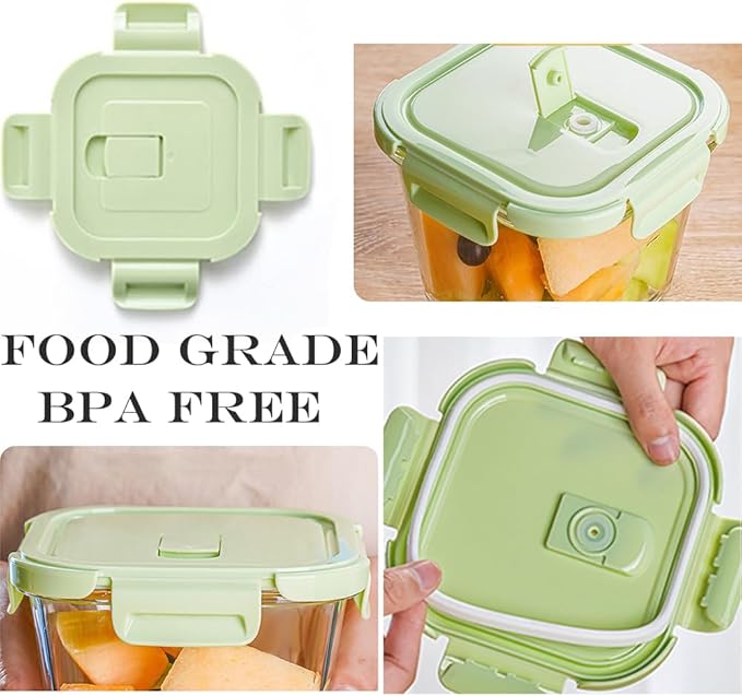 Square 2cup Glass Food Storage Containers with Airtight Lids, 16oz Glass Meal Prep Containers, Square Food Bowl For Lunch, Fruit, Snack, Dishwasher Microwave Freezer Safe (Pink+Green)
