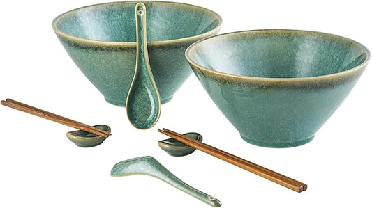 Large Salad Soup Ramen Serving Bowls, 71 OZ Ceramic Japanese Ramen Noodle Bowls with Chopsticks, Spoons and Rests - Super Big Bowl Sets for Udon, Pho, Pasta, Cereal, Set of 2 - Reactive Green