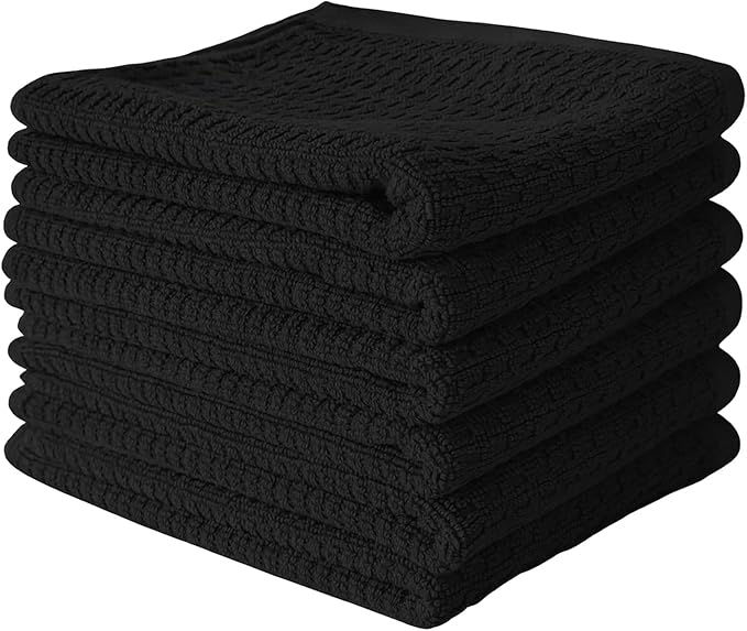 CRAFTSWORTH Kitchen Towels, 15 x 26 Inches, Pack of 6, 400 GSM, 100% Ring Spun Cotton, Striped Solid Black Cotton Dish Towels Super Soft and Absorbent, Tea Towel and Bar Towel