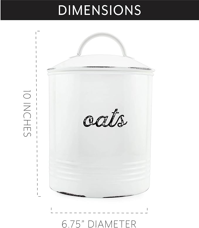 AuldHome Design Farmhouse Enamelware Oatmeal Canister (White); Rustic Distressed Style Oats Storage for Kitchen