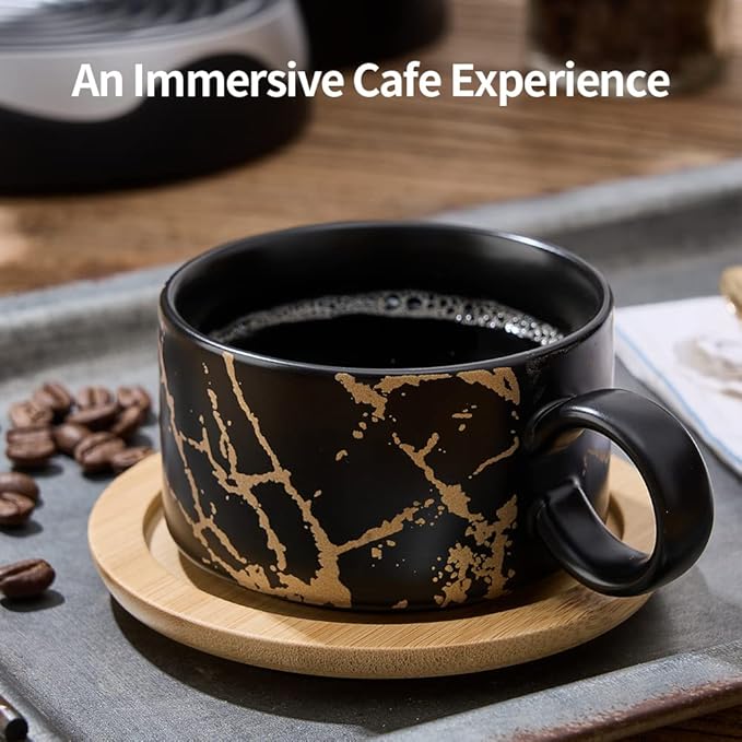 LUKA Porcelain Espresso Cup with Metal Stand, 6 Ounce Stackable Ceramic Demitasse Espresso Mugs Cappuccino Cups Set for Latte,Coffee,Cafe Mocha,Tea(Set of 4,Black)