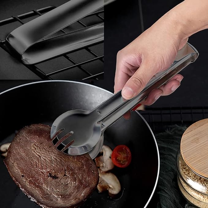 10 PCS Stainless Steel Serving Utensils, Large Serving Spoons Slotted Spoons, Serving Forks, Serving Tongs, Ice Suger Tongs, Metal Utensils Set Great for Buffet Catering Banquet Party (Black)