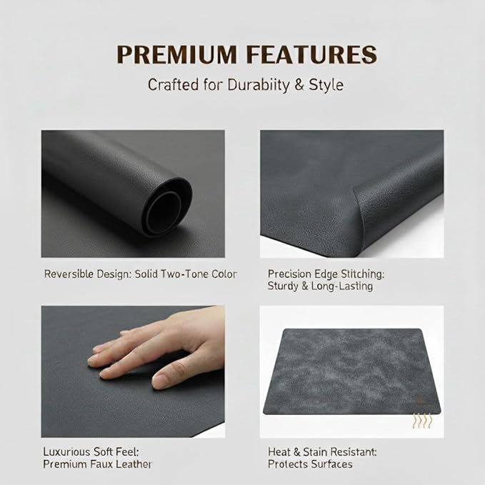 ICEDOG 12"x17" Waterproof PU Placemats - Faux Leather Heat-Resistant & Reversible Table Mats | Oil-Proof, Non-Slip for Kitchen, Dining, Outdoor BBQ (6, Black)