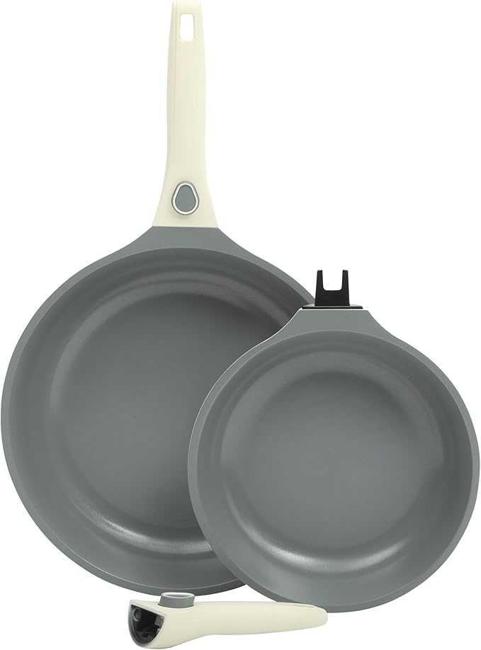 Sur La Table Kitchen Essentials Craft Studio Cast Aluminum Detachable Handle 8 and 10 Inch Skillet Fry Pan Set w/PFA Free Ceramic Non Stick Removable Handle Induction Safe - Eggshell White