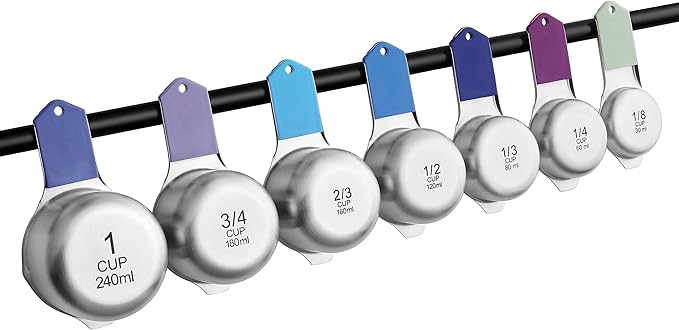 Spring Chef Magnetic Stainless Steel Measuring Cups, Patented, Kitchen Tools with Easy to Read Markings for Measuring Dry or Liquid Ingredients, Set of 7, Winter Frost