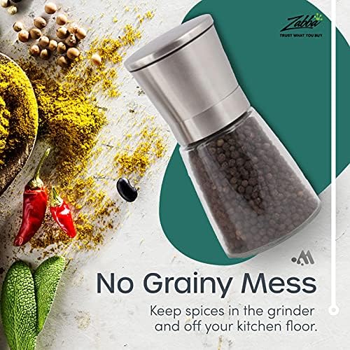Salt and Pepper Shakers Set Adjustable Coarseness Pepper Grinder Mill for Sea Salt Spice Stainless Steel Glass 2 Pack