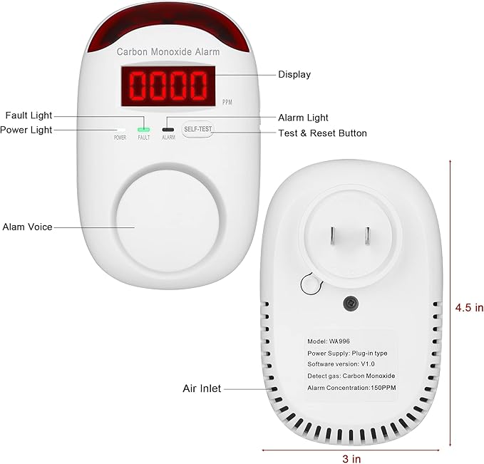 3 Packs Carbon Monoxide Detectors - Hembisen Carbon Monoxide Detector Plug in Type CO Alarm Monitor with Digital Display, Accurate & Easy to Read, for Home/Kitchen/Hotel/Bedroom (White)