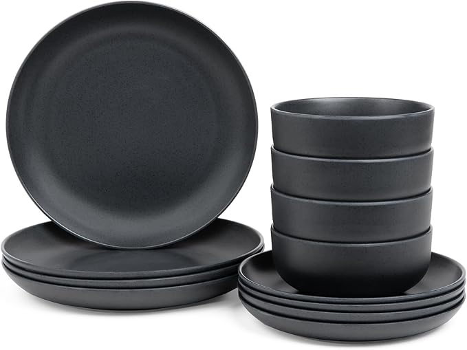 Larder & Vine 12-Piece Melamine Dinnerware Set: Durable, Lightweight, Break-Resistant Plates & Bowls – Stylish, Non-Toxic, Dishwasher Safe – Ideal for Everyday Use, Indoor & Outdoor Dining – Black
