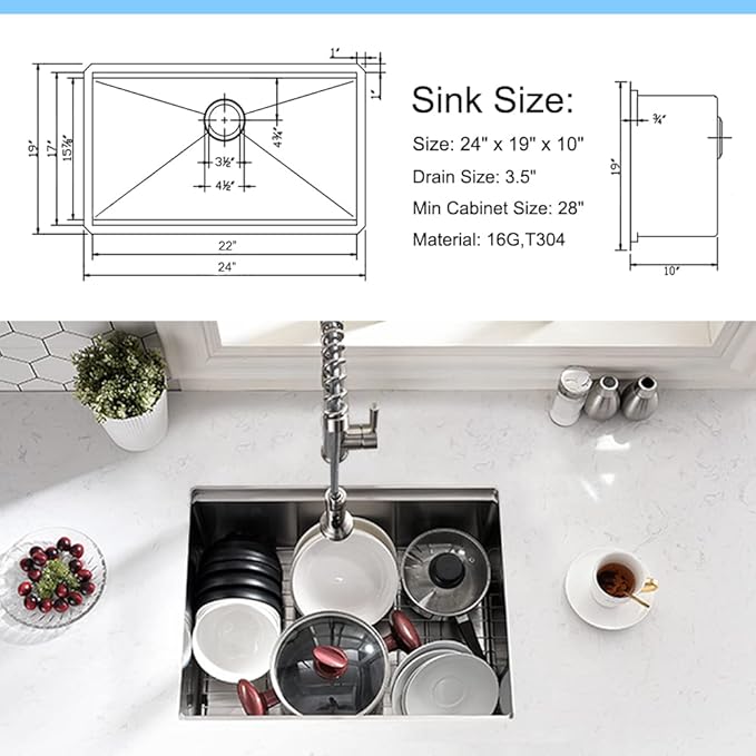 24 Inch Undermount Kitchen Sink Black 16 Gauge Stainless Steel Workstation Single Bowl Kitchen Sink Under Counter 10 Inch Deep Basin