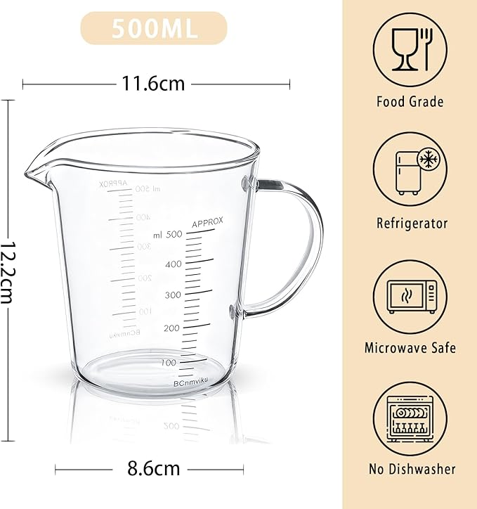 BCnmviku Glass Measuring Cups High Borosilicate [Insulated Handle | V-Shaped Spout]For Prepping Baking and Cooking Preheated Oven Dishwasher Freezer and Microwave Safe (500ml)