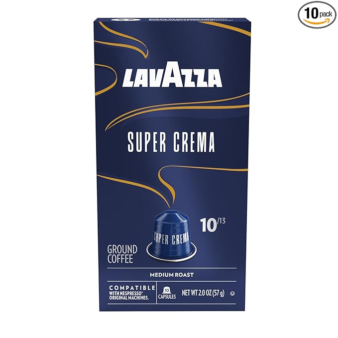 Lavazza Super Crema Aluminum Capsules Compatible with Nespresso* Original Machines, Medium Roast, Arabica and Robusta Blend (10 Capsules)