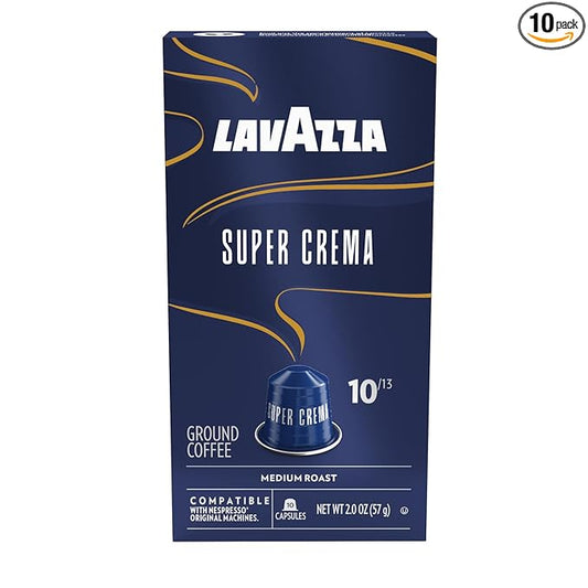 Lavazza Super Crema Aluminum Capsules Compatible with Nespresso* Original Machines, Medium Roast, Arabica and Robusta Blend (10 Capsules)