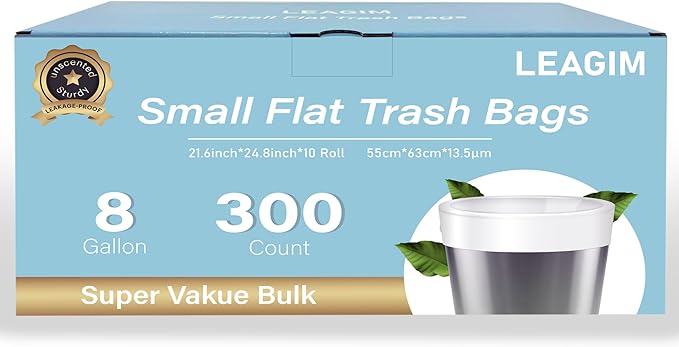 300 Count 8 Gallon Trash Bags, 13 Micron Extra Thick Medium Garbage Bags, 7-9 Gallon Unscented White Wastebasket Can Liners for Bathroom Kitchen Home Office