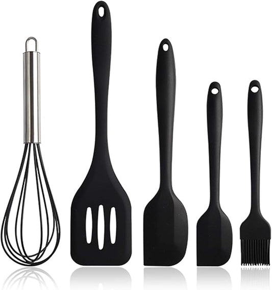 NileHome 4 Pack Silicone Spatula and Whisk Kitchen Utensils with Silicone Brush Heat Resistant BPA-free Rubber Spatula for Scraping, Baking, Cooking, Mixing-Black