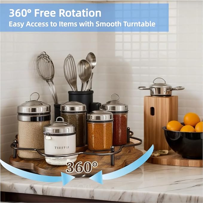 Wooden Lazy Susan Turntable Organizer for Cabinet, Table Top, Kitchen, Pantry, Bathroom, Vanity Countertop, Rotating Wood Lazy Susans Rack for Condiment, Seasoning, Spice Storage Organization(Petal)