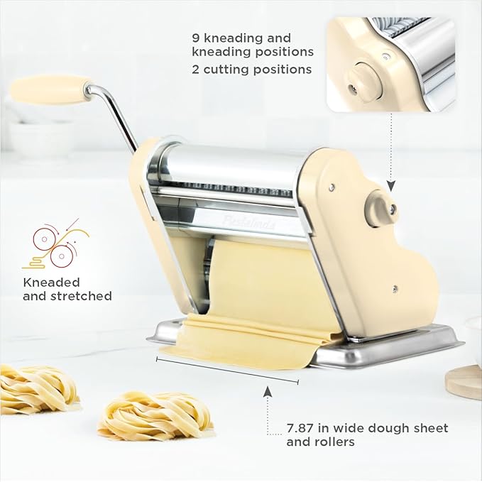 PASTALINDA Classic 200 Pasta Maker Machine, 20 cm Wide Rollers, 9 Thickness Positions, 2 Cutting Positions, Stainless Steel. Includes Reinforced Hand Crank And Two Clamps
