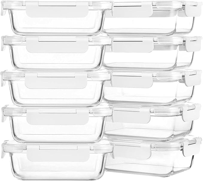 M MCIRCO 10-Pack 22 Oz Glass Meal Prep Containers with Lids - Microwave, Oven, Freezer & Dishwasher Safe - White