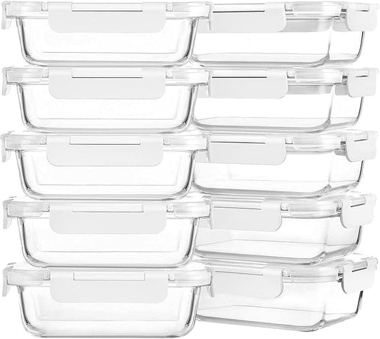 M MCIRCO 10-Pack 22 Oz Glass Meal Prep Containers with Lids - Microwave, Oven, Freezer & Dishwasher Safe - White