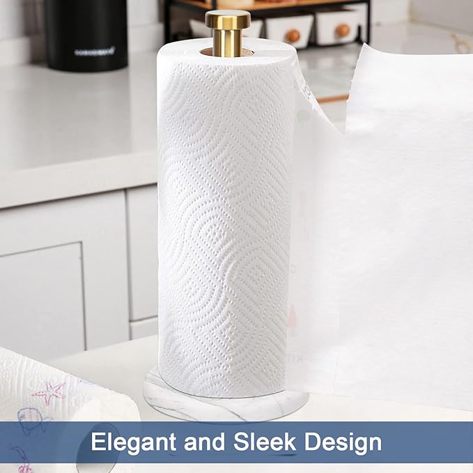 NearMoon Standing Paper Towel Holder, Kitchen Paper Towel Tissue Holder- for Bathroom Kitchen Countertop, Standard or Jumbo-Sized Roll Paper (with Marble Base, Brushed Gold)