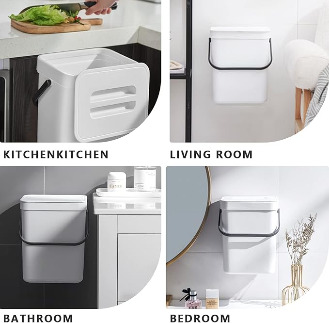 Kitchen Compost Bin Indoor for Counter Top,Hanging Small Trash Can with Lid,Food Waste Bin,Mountable Compost Busket 1.3 Gal/5 L Series,White