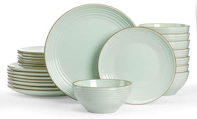 Famiware Jupiter Dinnerware Set, Plates and Bowls Dish Sets for 8 (24 Pieces), Microwave and Dishwasher Safe Stoneware Speckled Tableware, Chip and Scratch Resistant, Light Green