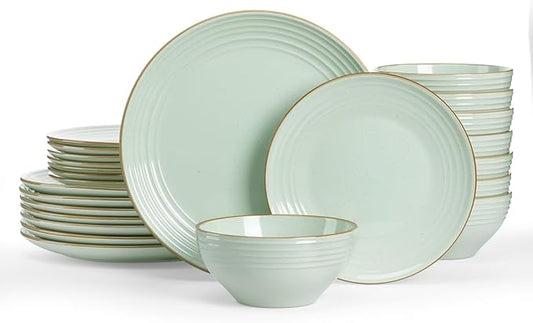 Famiware Jupiter Dinnerware Set, Plates and Bowls Dish Sets for 8 (24 Pieces), Microwave and Dishwasher Safe Stoneware Speckled Tableware, Chip and Scratch Resistant, Light Green