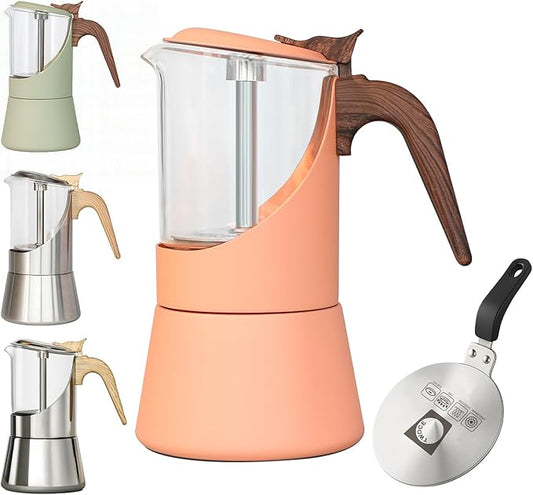 Glass Moka Pot for Stovetop & Induction - Italian Espresso Maker with Wood Handle & Leak-Proof Design - Comes with Induction Heat Diffuser Plate (9 Cup,360ml)