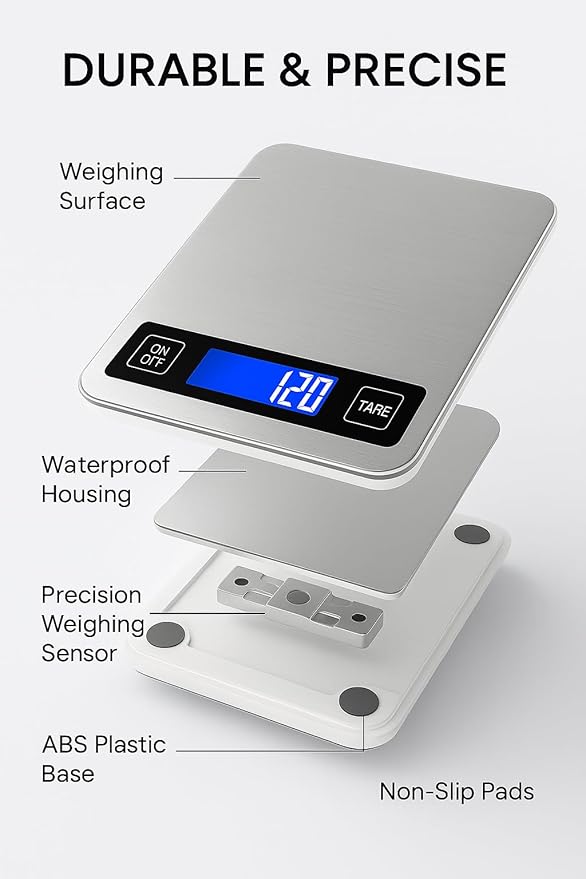 Digital Kitchen Scale – 1g Precision, 10kg Capacity, Stainless Steel Food Scale with LCD Display, Tare Function, Battery Powered for Cooking & Baking