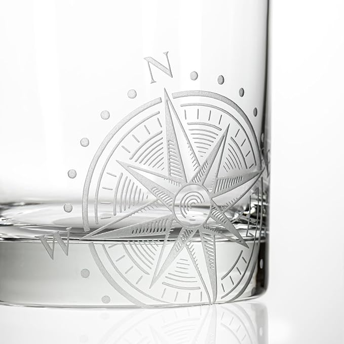 Rolf Glass Compass Star On the Rocks Glass 10 ounce | Lead-Free Glass | Nautical Themed Glassware | Stylish Drinkware for Home Bar and Parties | Made in the USA | Set of 2