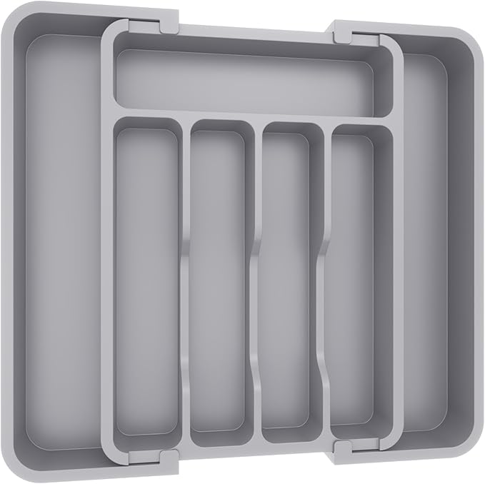 Lifewit Silverware Drawer Organizer, Expandable BPA Free Utensil Tray for Kitchen, Adjustable Flatware and Cutlery Holder for Spoons Forks Knives, Plastic Kitchen Organizers and Storage, Gray