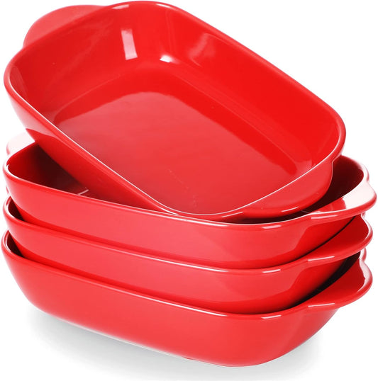 LEETOYI Ceramic Small Baking Dish 7.5-Inch Set of 4, Rectangular Bakeware with Double Handle, Baking Pans for Cooking and Cake Dinner (Red)