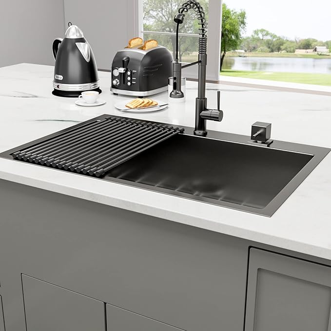 Lordear 30x22 Kitchen Sink Black Drop In Single Bowl 16 Gauge Stainless Steel Gunmetal Black 30 Inch Topmount Kitchen Sinks 30" Basin