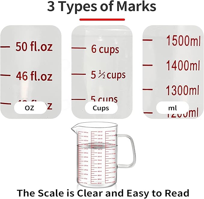 Luvan 6 Cups Glass Measuring Cup, Easy to Read with 3 measurement scales (Ml/Oz/Cup), Insulated Handle and V-shaped Spout, High Borosilicate Glass Measuring Cup, Ideal for Kitchen or Restaurant