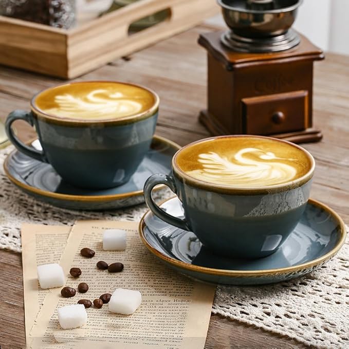 SHUER Ceramic Cappuccino Cup Set of 4, 7.8 OZ Cups and Saucers Set,Coffee Mocha Cup Sets,Black Coffee Cups and Glaze Americano Mugs Great for Party and Low Tea Time (Blue 220ml)